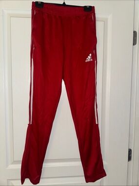 adidas Red Kids Athletic Track Pants with White Stripes